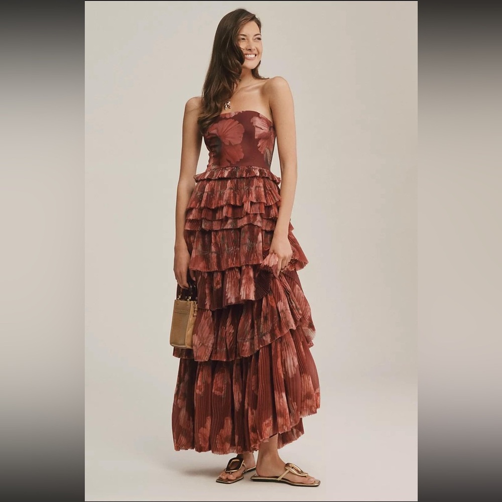 Anthropologie Hutch Nalina Strapless Floral Tiered Tulle Maxi Dress Size…